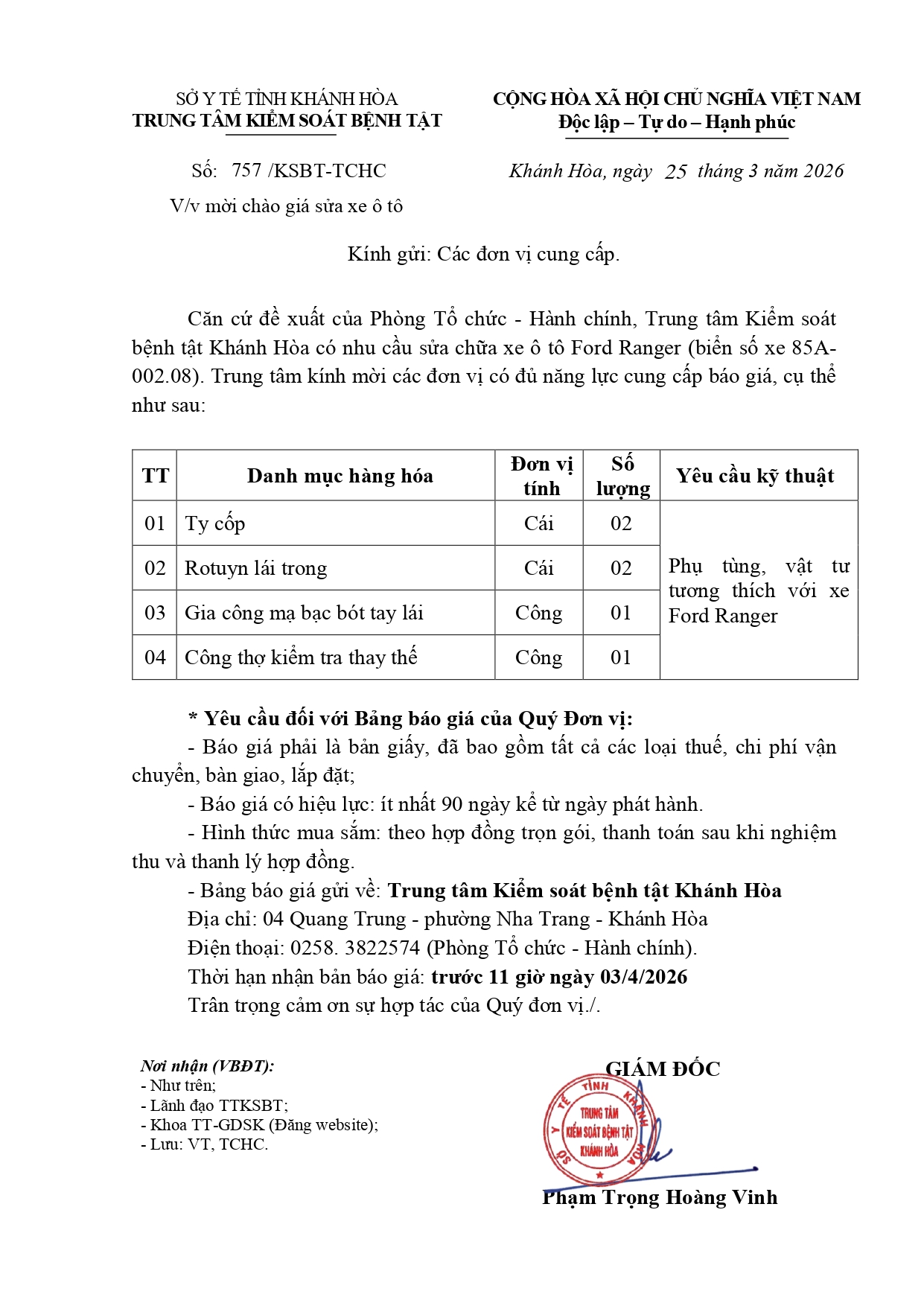 V/v mời chào giá sửa xe ô tô